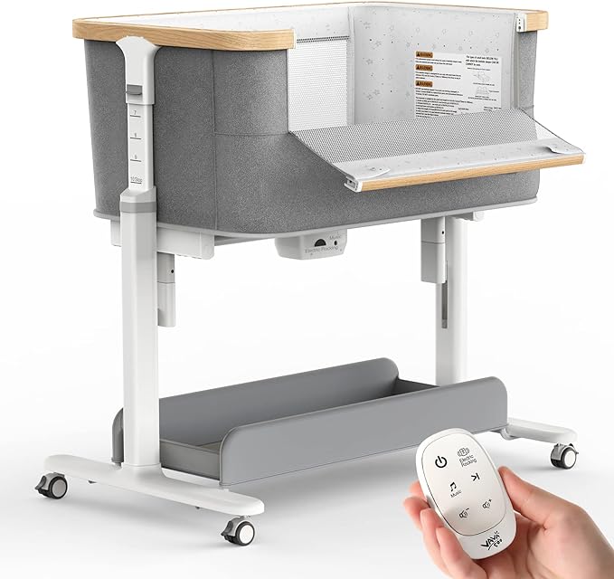 Rocking Bassinet for Baby Electric Automatic Bedside Sleeper Rocks Itself 3 Speed Auto Rolling Newborn Cradle 5 Height Adjustable with Music, Wheels, Storage, Dark Grey