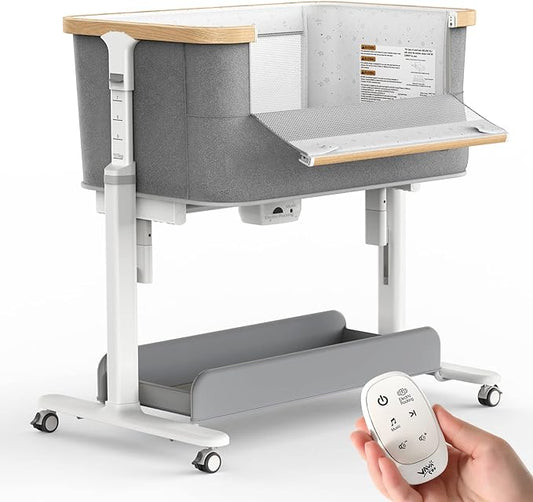 Rocking Bassinet for Baby Electric Automatic Bedside Sleeper Rocks Itself 3 Speed Auto Rolling Newborn Cradle 5 Height Adjustable with Music, Wheels, Storage, Dark Grey
