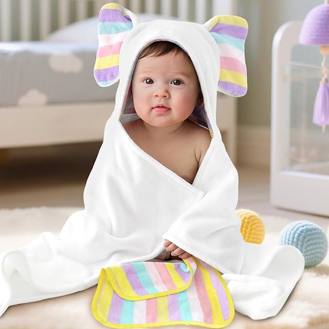 VOOVA & MOVAS Baby Hooded Bath Towel - 100% Cotton, 33x23.5 Inches,0-3Years, Super Absorbent Large Towel with Cute Elephant Ears Hood for Newborn, Baby, Toddler,White