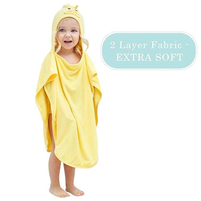 HIPHOP PANDA Hooded Towel - Rayon Made from Bamboo, Bath Towel with Bear Ears for Newborn, Babie, Toddler, Infant - Absorbent Large Baby Towel - Yellow Duck, 21.5 x 22.5 Inch