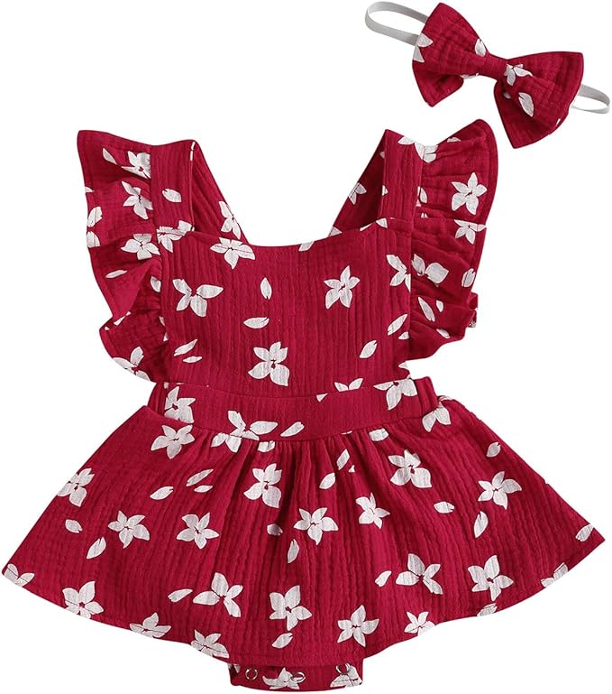 Baby Girls Floral Cotton Leotard Romper Newborn Daisy Playsuits Ruffled Sleeve Onesie Infant Jumpsuit Clothes Headband