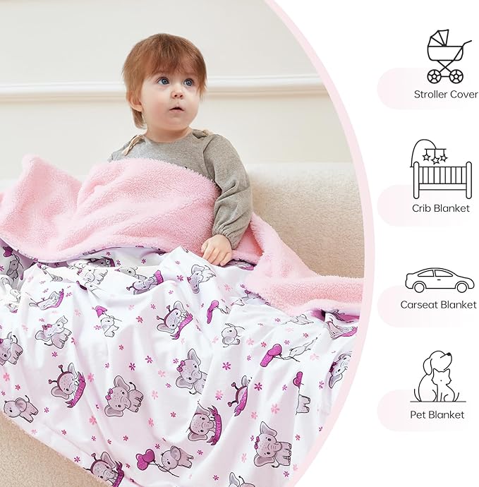 QSTEHEML Baby Blankets for Girls,Super Soft Double Layer Sherpa Blanket Neutral,Baby Gifts Plush Mink Blanket with Furry Binding and Back,Newborn Blankets for Crib(Elephant,30 * 40inch)