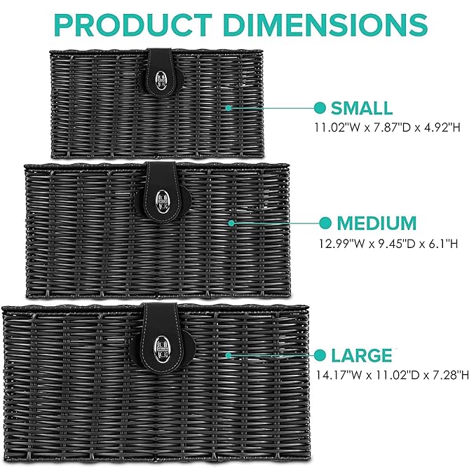 Set of 3 Woven Storage Basket Box Wicker Hamper Stackable Bin with Lid & Lock, Built-in Carry Handles, Organizer for Nursery, Baby Closet, Diaper, Toys, Home, Office, Laundry, DVD (Black)