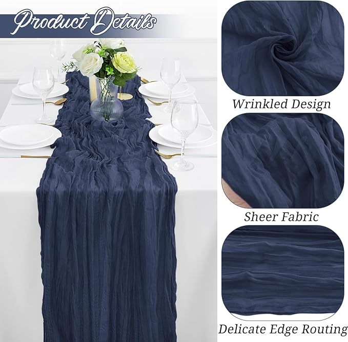 12Pack Navy Blue Table Runner 10FT Cheesecloth Table Runner 35x120inch Cheese Cloth Table Runners Rustic Boho Gauze Table Runners for Party Wedding Birthday Dining Bridal Shower Baby Shower Decor