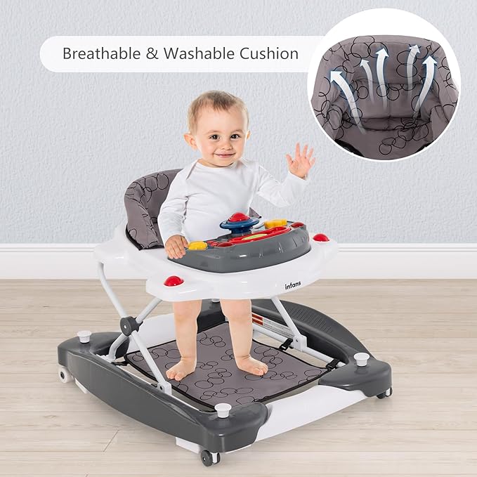 INFANS Baby Walker, 5 in 1 Behind Walker Learning Seated Rocker Bouncer with Removable Music Tray, Adjustable Height, Washable Seat Cushion, Foldable Activity Center for Toddlers (Grey)