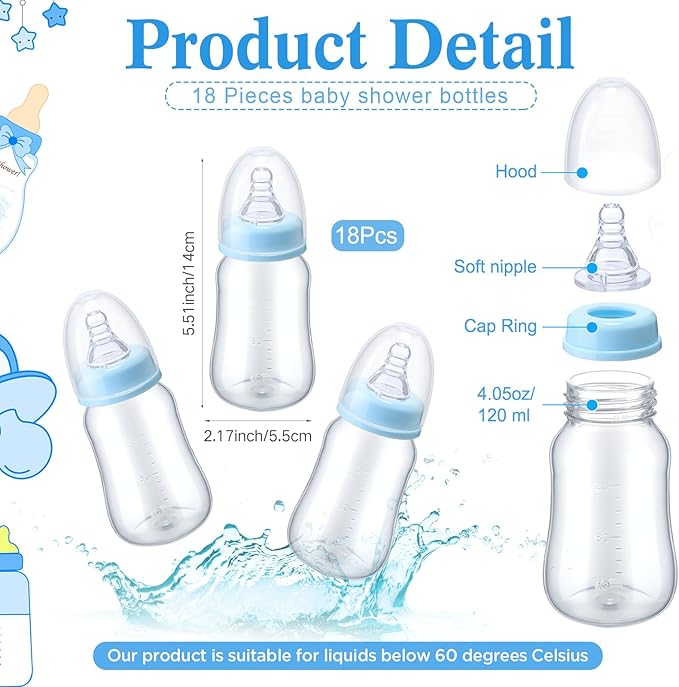 Roowest Bottle Chug Baby Shower Game Favors Including Blue Elephant Theme Wooden Sign and 18 Pcs Baby Bottles for Gender Reveal Party Supplies