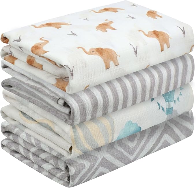 Featherhead™ 4-Pack 100% Cotton Muslin Swaddle Blankets for Baby Girl - Large 47”x 47” - Pre-Washed, Soft, & Breathable - Newborn Essential & Perfect Baby Registry Gift (4 Pack - Elephant)