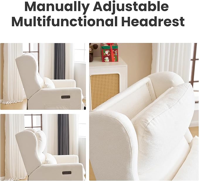 Oversized Swivel Rocker Recliner with Adjustable Headrest, 26" Extra Wide Glider Recliner Nursery Chair with Double Cushion, Chenille Glider Rocking Chair for Living Room,Cup Holder,White