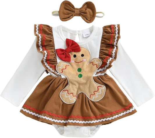 YINGISFITM My First Christmas Baby Girl Outfit Gingerbread Man Romper Dress and Headband Newborn Christmas Clothes for Girls
