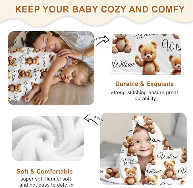 Ship Next Day, Personalized Baby Blanket for Boys Girls - Printed in USA, Custom Baby Blanket with Name Super Soft Plush Flannel, Easter Christmas Brithday Gifts for Baby Shower Kids Toddlers Newborn