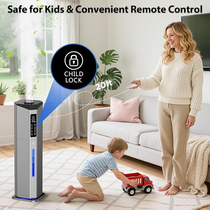 Humidifiers for Bedroom - GloryAir 2.38Gal/9L Dual Atomizers Top Fill Humidifier for Large Room 2000ft² with Auto Rotation 7-Color Light Humidistat Quiet Commercial Humidifiers for Plants Baby Adults