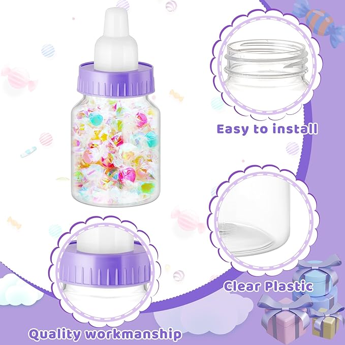 36 Pcs 3.5 Inch Mini Plastic Baby Bottle for Shower Favor - Clear Candy Box Feeding Bottle Decor Gift (Purple)