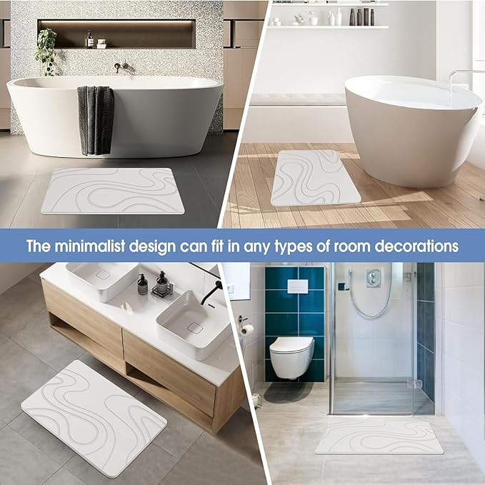 Stone Bath Mat Diatomaceous Earth Shower Mat Non-Slip Super Absorbent Diatomite Stone Mats for Bathroom Floor/Kitchen Counter Quick Drying Natural Easy to Clean(23.6''×15.4" White)