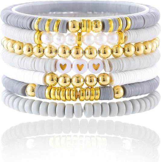Friendship Bracelets Trendy Heishi Clay Bead Bracelets Stack Gold Beaded Stretch Bracelets for Women Boho Stackable Bracelets Bulk Cute Preppy Jewelry