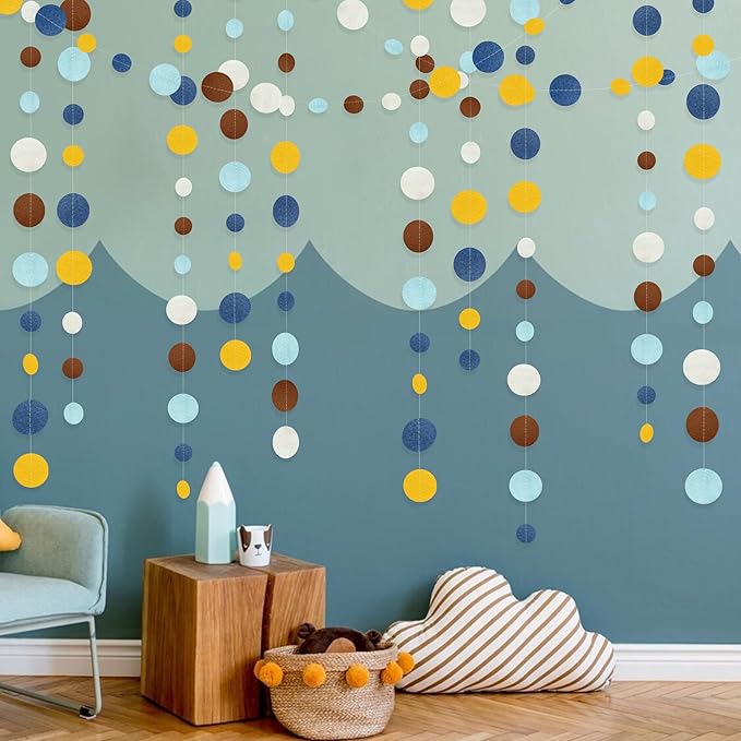 Boho Classroom Decorations Navy Blue Yellow Brown Felt Circle Dot Garland Hanging Polka Dot Streamer for Classrooms Preschool Everyone is Welcome Homeschool Nursery Birthday Baby Shower Party Decor
