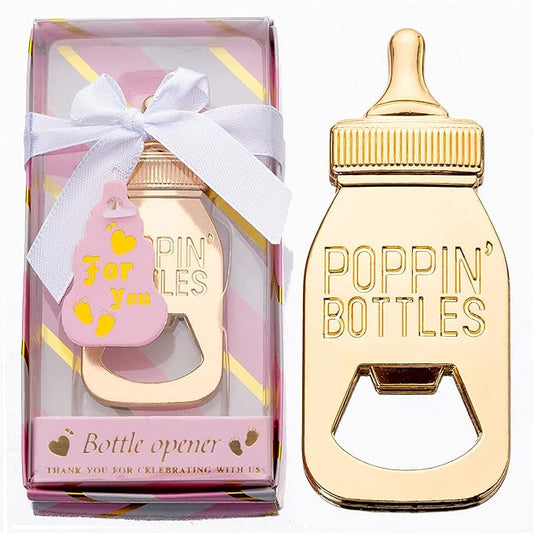 24PCS Golden Baby Bottle Openers for Baby Shower Favors Gifts, Baby Shower Decorations Souvenirs, Poppin Bottles Openers with Exquisite Gifts Box used for Guests Gender Reveal Party (24, pink)