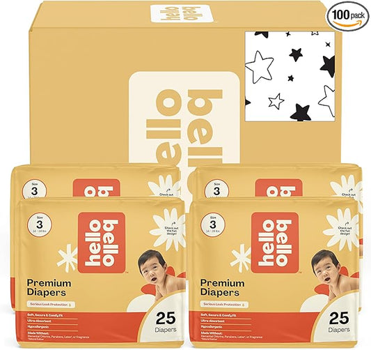Hello Bello Diapers, Size 3 (14-24 lbs) Superstars - 100 Count Value Pack of Premium Disposable Baby Diapers, Hypoallergenic with Soft, Cloth-Like Feel