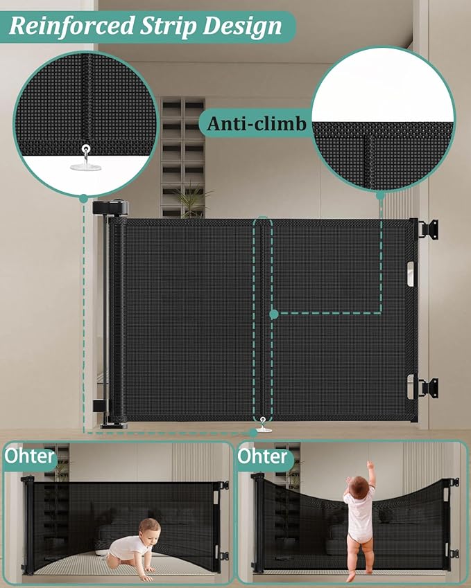 Upgraded 59" Retractable Baby Gates with Reinforced Strip Design to Prevent Crawling Through, 34" Tall Retractable Dog Gate, 5 FT Retractable Gates for Stairs, Doorways, Hallways