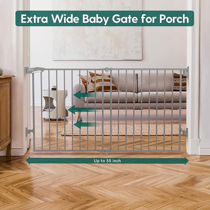 Babelio 31.5-55" No Bottom Bar Baby Gate Extra Wide, 2-in-1 Auto Close Dog Gate for The House, Stairs and Doorways, with Large Walk Thru Door, Grey