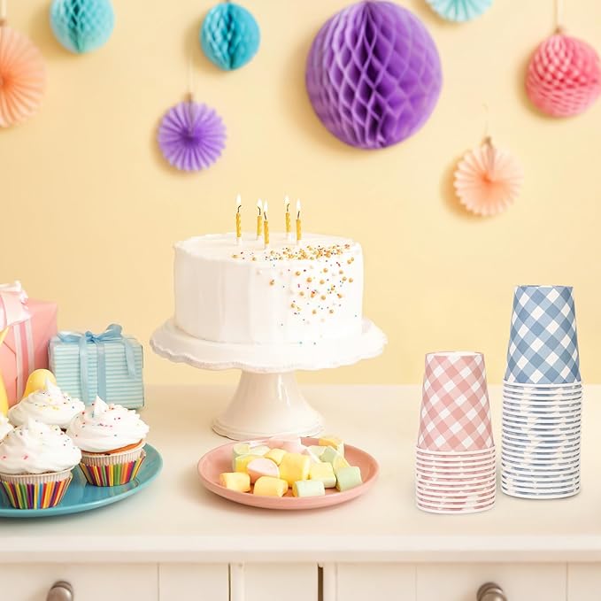 100pcs 9 oz gingham party Paper cups, 5 Colors Disposable Plaid Paper Checkered Cups for Wedding Birthday Party, Travel, Baby Shower Picnic