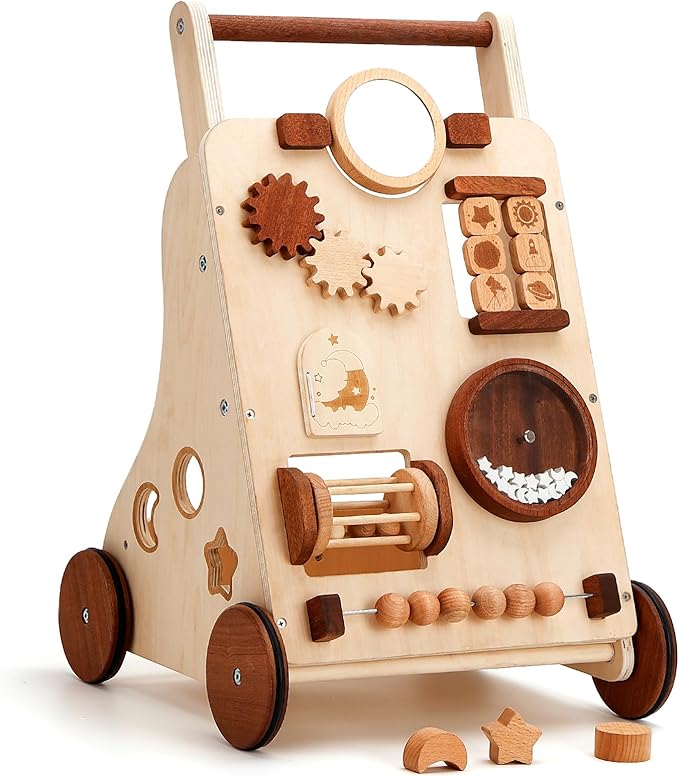 Wooden Baby Walker, Montessori Push Walker, Baby Activity Center Walker Toy, Natural Wood Sit to Stand Walker for Baby Learning to Walk, Educational Birthday for Toddler Boy Girl 1+