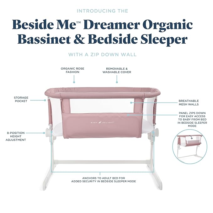Baby Delight Beside Me Dreamer Bassinet | Bedside Sleeper & Baby Bassinet | 6-Position Height Adjustment | 100% GOTS Certified Organic Cotton Fabric | Organic Rose