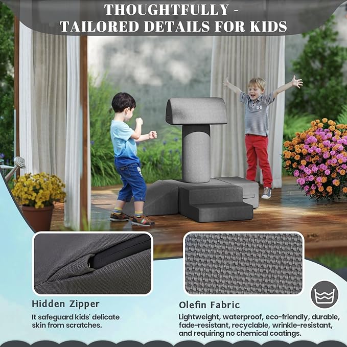 jela Kids Foam Climbing Blocks 6Pcs Soft Play Equipment Waterproof Fabric, UV Resistant Toddler Climbing Toys Indoor& Outdoor Soft Play Climbing Set, Lightweight Climbing Blocks for Kids (Darkgrey)