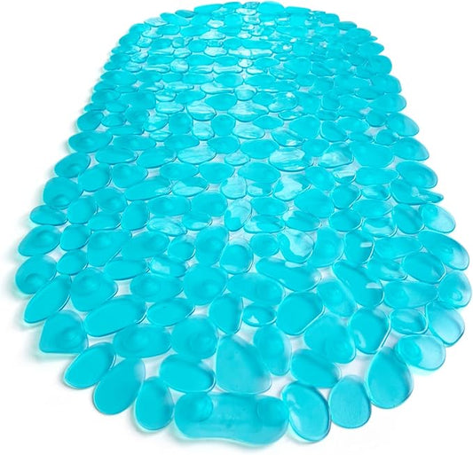 “Pebbles” Non-Slip Bathtub & Shower Mat 27”x14” Oval - Non-Toxic - Safe, Clean, Machine-Washable, Superior Grip & Drainage, Vinyl, for Smooth Floors ONLY, Transparent Turquoise