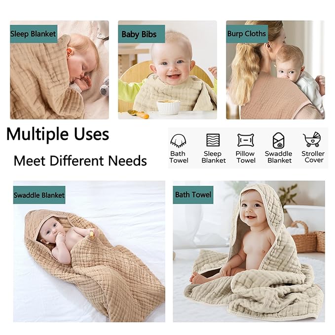 Hooded Baby Bath Towels, 2 Pack Baby Towels with Hood for Newborn, Upgrade High Density 100% Muslin Cotton Baby Towel, Ultra Soft, Highly Absorbent for Infants, Toddlers, Newborn Essential, 32” x 32”