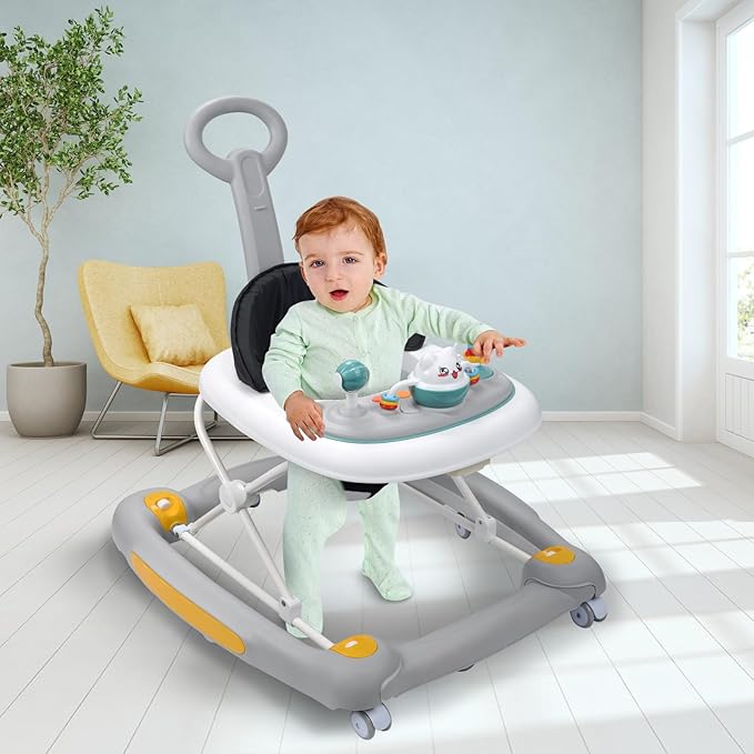 4 in 1 Baby Walker with Wheels, Adjustable Height, Music, Lights, Rocker Mode, Activity Walker and Bouncer Combo for Boys & Girls 6-24 Months