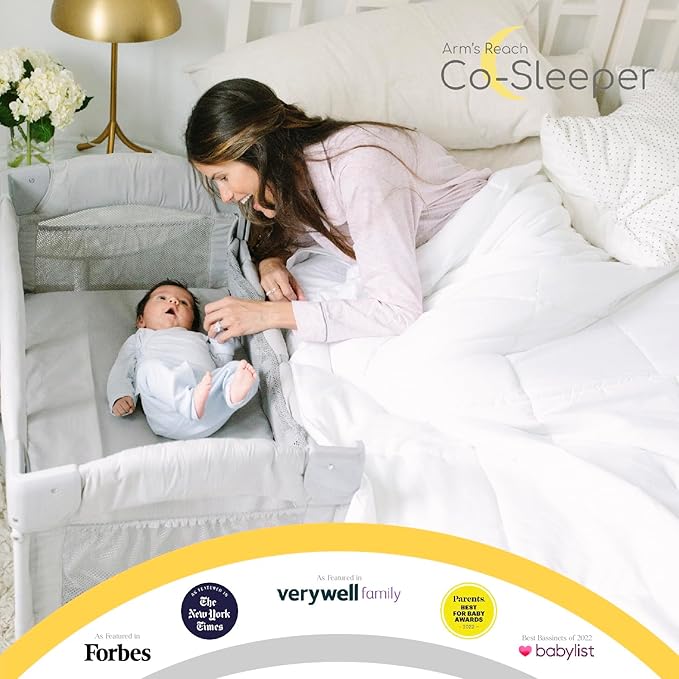 Arm’s Reach Mini Ezee 2 in 1 Co-Sleeper Bedside Bassinet with Mesh Side Panels, Side Pockets, and Bottom Storage, Gray