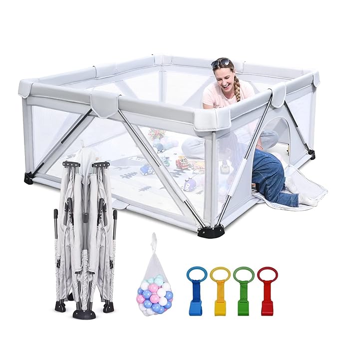 Foldable Baby Playpen 59X71 inch, iTiLike Playpen for Babies and Toddlers with 50 PCS Ocean Balls & 4 Handles, Indoor & Outdoor Kids Safety Play Pen Area, Portable Travel Play Yard