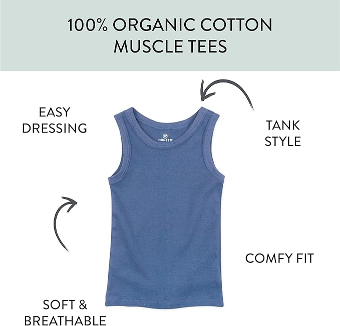 HonestBaby Sleeveless Muscle T-Shirts 100% Organic Cotton for Infant Baby and Toddler Boys, Girls