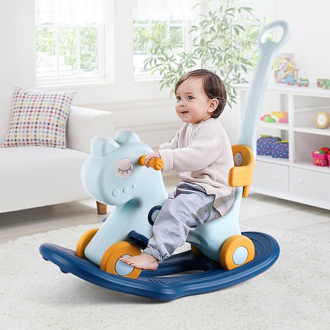 4 in 1 Rocking Horse for Toddlers 1-3 Years Old, Baby Rocking Toy Fun Birthday Gift for 1+ Boys, Ride on Toy with Detachable Balance Board and Footrest，Balance Bike with Push Handle，Blue