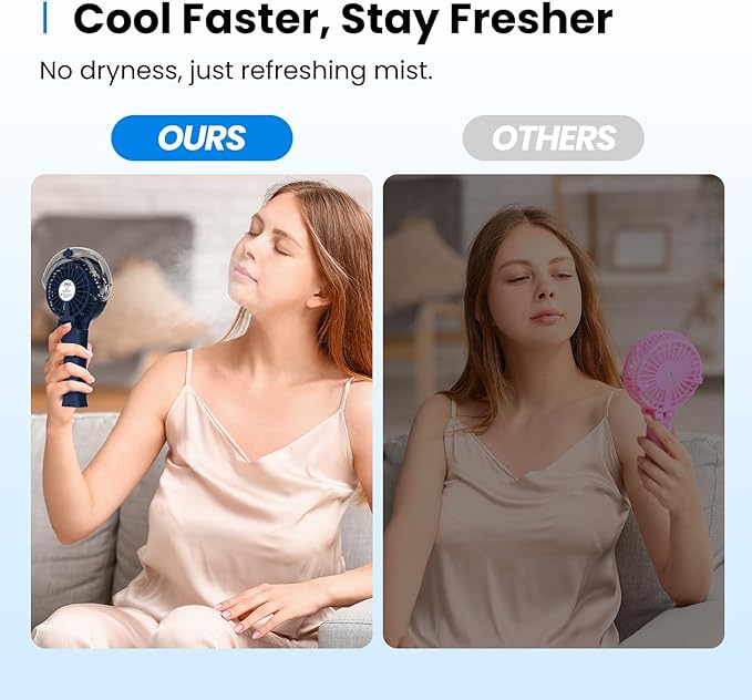 KIBEE Portable Misting Fan - 4000mAh Rechargeable, 50ml Water Tank, Foldable 180° Handheld, 3-Speed Personal Fan, Portable Charger for Travel, Outdoors, Makeup & More(Blue)