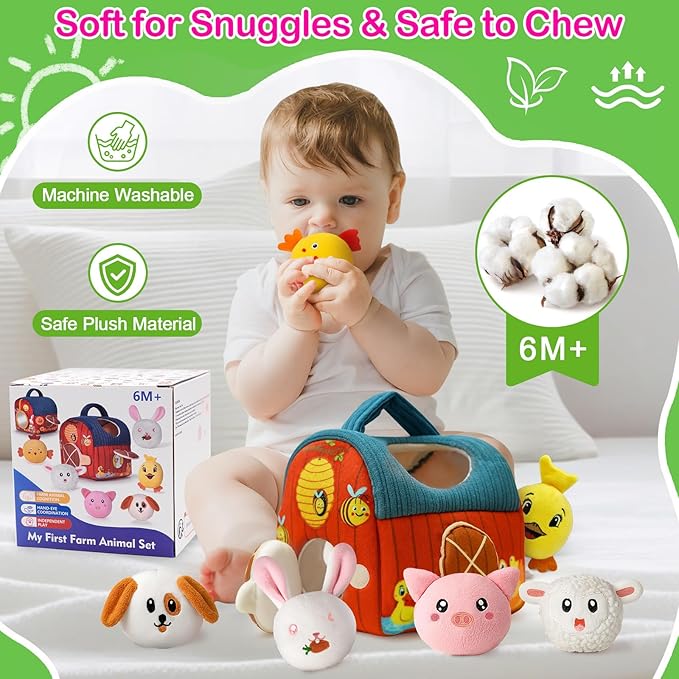 Baby Toys 6-12 Months Plush Barn with Stuffed Farm Animals Crinkle, Rattle & Mirror Montessori Toys Developmental Sensory Toys for 6 Month Old Boys Girls Babies & Toddlers