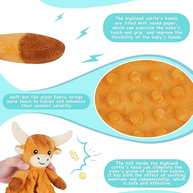 Loveys for Babies,Soft Baby Security Blanket for Newborn Infant Toddler Snuggle Toy Stuffed Animal,Lovey Highland Cow Security Blankets Baby Unisex Gifts(Brown Highland Cow,12.2in)