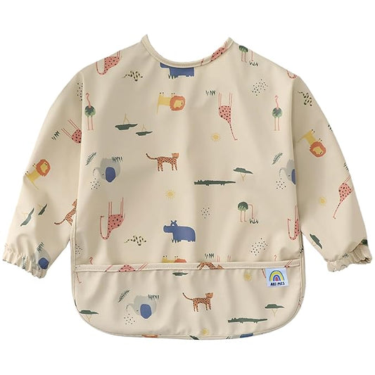 ARI MES Long Sleeves Waterproof Baby Bibs for Eating - Animals, Small - Wearable, Coverall for Toddler, Long Sleeve Bib, Smock Apron for Feeding - Applicable for 6-72 Months