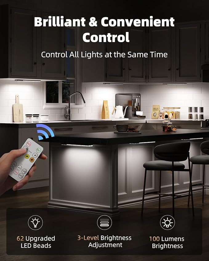 EZVALO Under Cabinet Lights, 62 LED Rechargeable Battery Operated Motion Sensor Light Indoor 3 Color Temps, Wireless Closet Lights Under Counter Lights for Kitchen 6 Pack