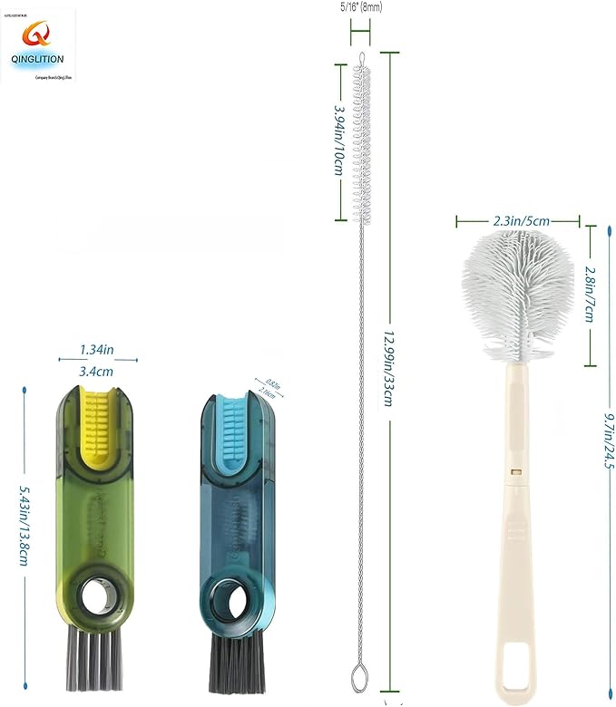 4-Pack Water Bottle Brush Set,9.5'Long Handle Silicone Water Bottle Cleaning Brush,2 Straw Brushes,2(3-in-1) Cup lid Cleaner Brushes for Water Bottles,Baby Bottles,Straw Brushes White(Green-Blue)