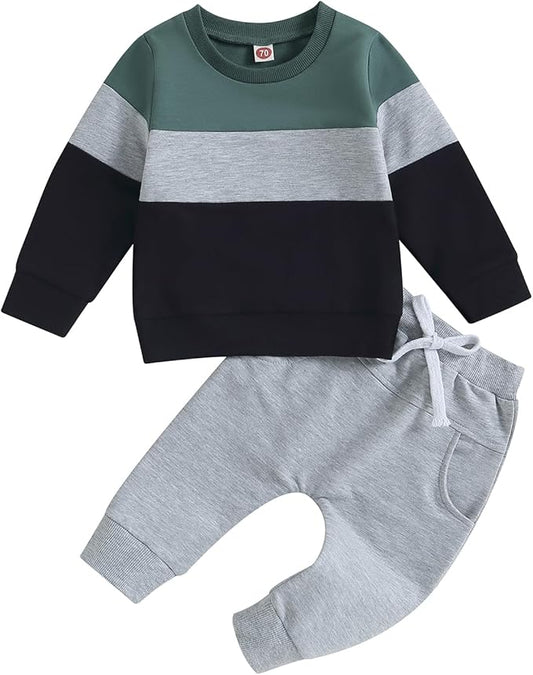Kupretty Toddler Baby Boy Fall Winter Clothes Color Block Long Sleeve Sweatshirt Pullover Tops + Joggers Pants Outfit Set