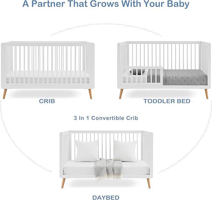 Tatum 3-in-1 Convertible Crib, White Finish, Solid Wood, Adjustable Mattress Height, Converts to Toddler Bed & Daybed, Fits Standard Full-Size Crib Mattress