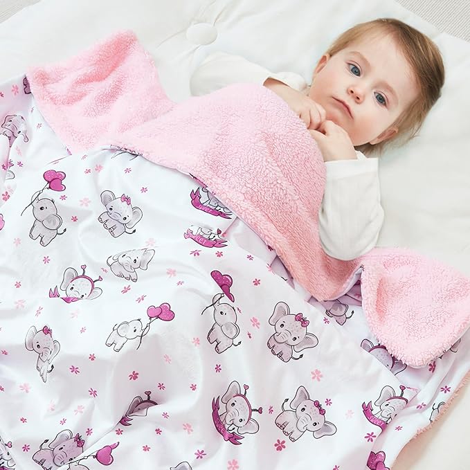 QSTEHEML Baby Blankets for Girls,Super Soft Double Layer Sherpa Blanket Neutral,Baby Gifts Plush Mink Blanket with Furry Binding and Back,Newborn Blankets for Crib(Elephant,30 * 40inch)