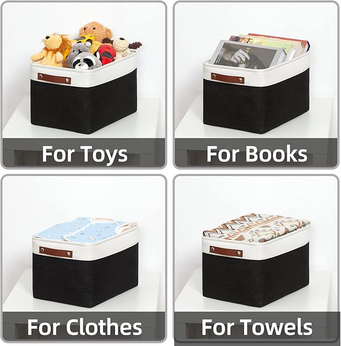 HNZIGE Large Storage Baskets (3 Pack) - Fabric Bins with Leather Handles, Foldable for Organizing Clothes, Toys (Black & White, 15" x 11" x 9.5")