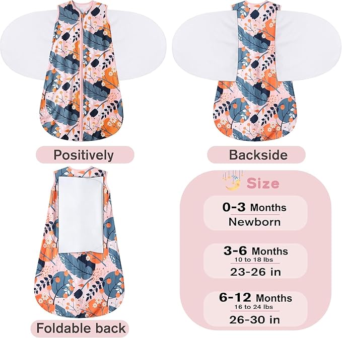 Newborn Sleep Sack Baby Swaddle,3-Way Adjustable Wearable Blanket,100% Rayon Cotton Swaddling Sleeping Bag，TOG 0.5 (Gerbera & Tulips, 0-3 Months)