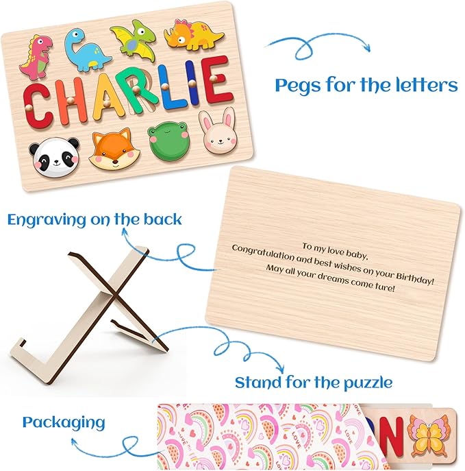 Personalized Name Puzzle for Kids, 1st Birthday Gifts for Girl Boy, Easter Basket Stuffers for Toddler, Custom Easter Christmas Baby Gifts, Toddler Learning Toys, Wooden Name Puzzles for Toddlers 1-3