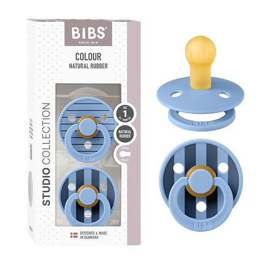 BIBS Pacifiers - Colour Studio 2 Pack | Round Nipple Baby Pacifier | BPA Free Natural Rubber Latex Soother | Made in Denmark | Size 0+ Months | Pin Sky Blue
