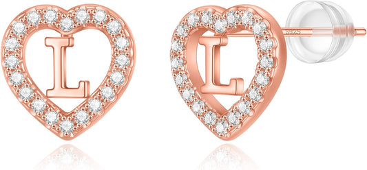 Initial Heart Earrings for Girls, Sterling Silver Post Silver/Rose Gold Heart Initial Stud Earrings for Little Girls Kids Baby Earrings Non Tarnish Hypoallergenic Earrings for Teen Girls Gifts Jewelry