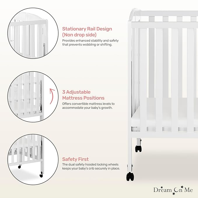 Dream On Me 3-in-1 Portable Folding Stationary Side Mini Baby Crib in White & Mattress, GreenGuard Gold & JPMA, Use as Changer & Playpen, Locking Wheels, 3 Mattress Heights, Extra Firm Mattress
