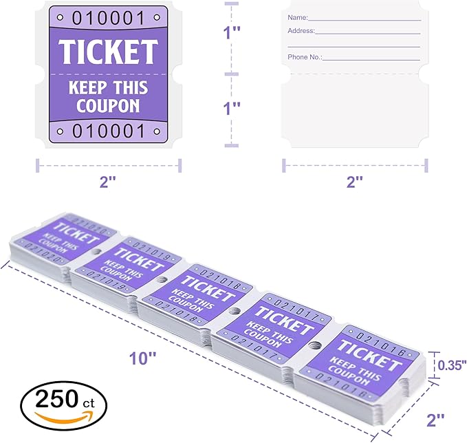 DGBDPACK 250 Raffle Tickets, 50/50 Raffle Tickets, Double Tickets for Festivals, Carnivals, School Events, Baby Showers, Summer Parties (Purple)